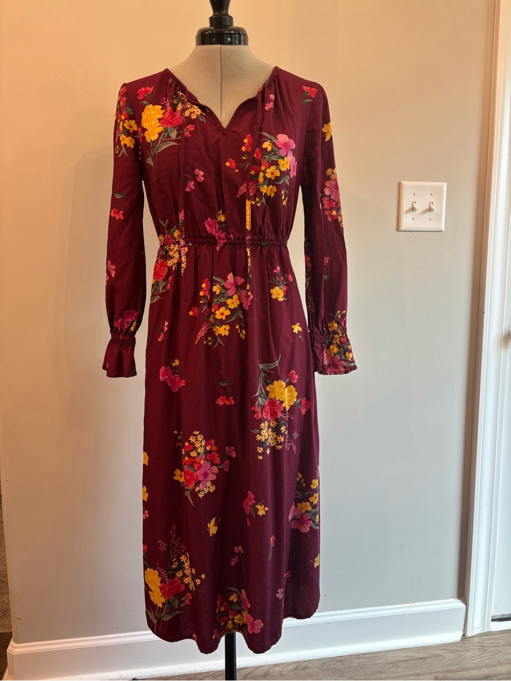 Old Navy Burgundy‎ Floral Long Sleeve Midi Dress 0124